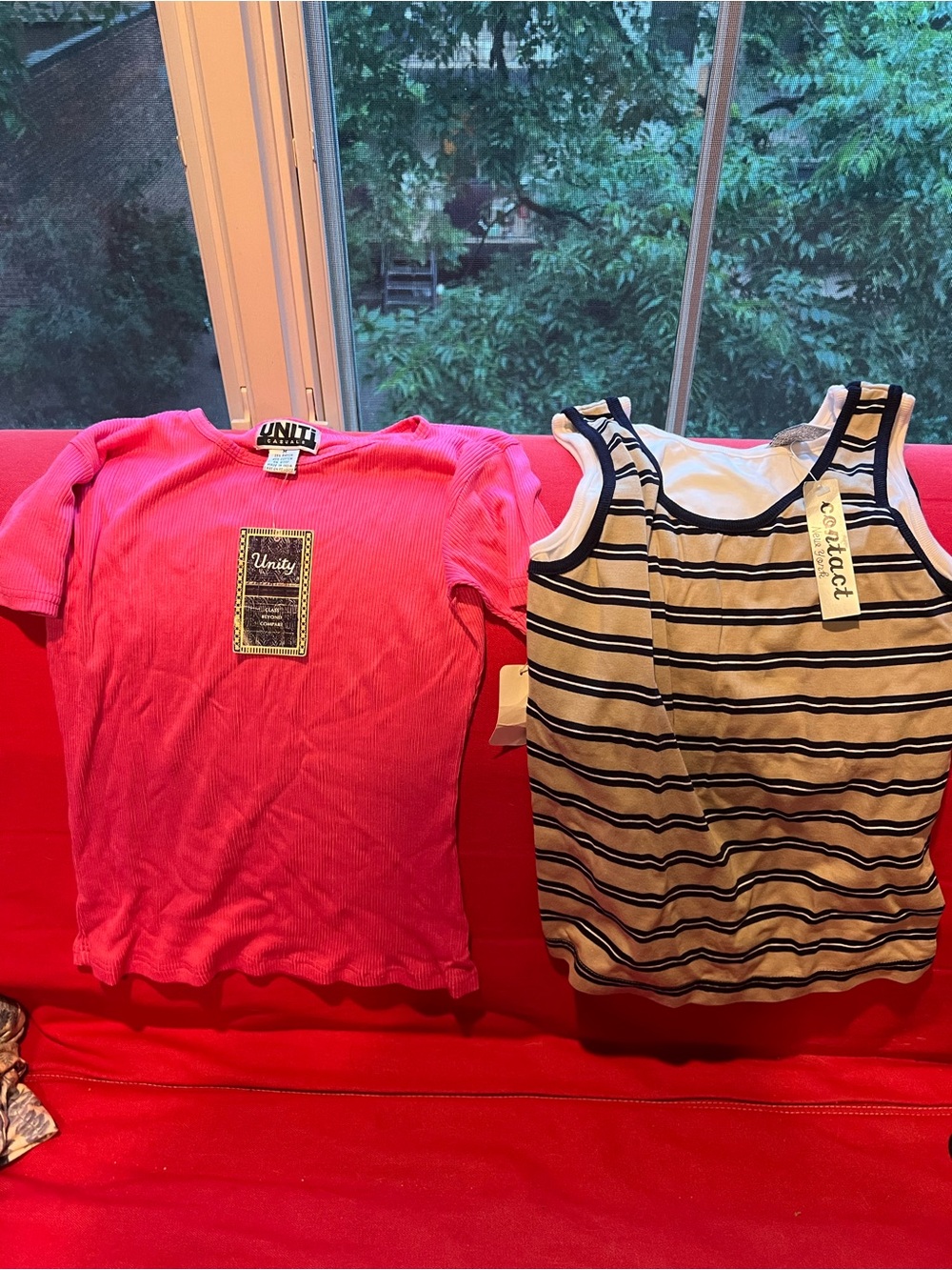 Uniti Casual Hot Pink Ribbed Short Sleeve Tee & Navy Cream Striped Tank Duo